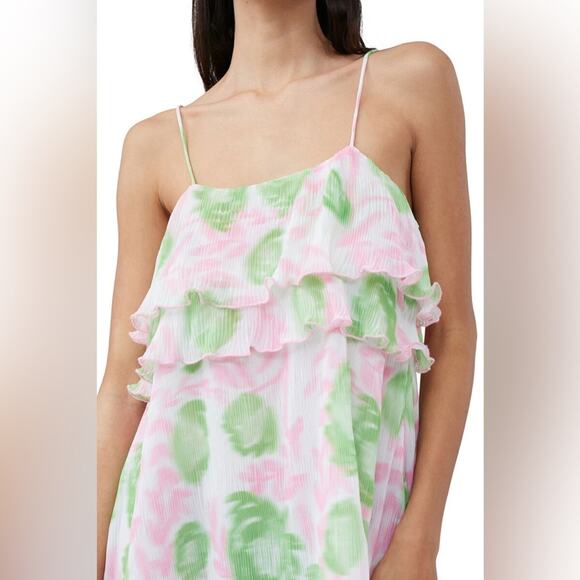 GANNI Womens Pink Green Pleated Ruffle Georgette Strap Mini Dress Sz S - Picture 2 of 9
